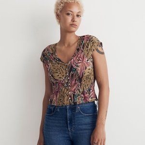 Shirred Cap-Sleeve Top in Brushstroke Monstera